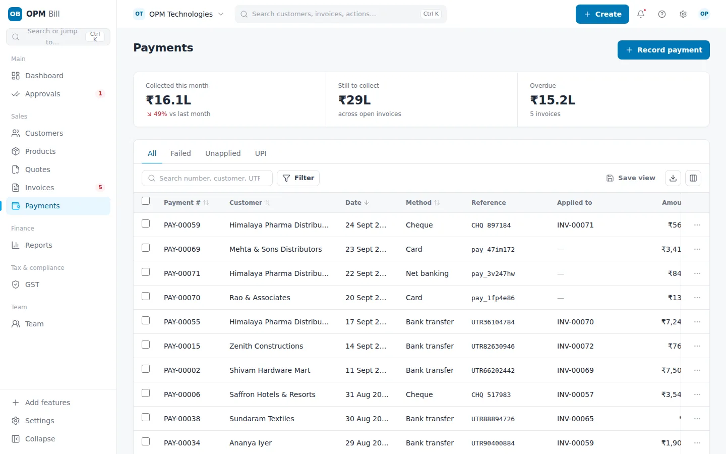 Payments received, with methods and allocation to invoices